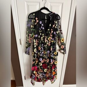 Lulu's Black Mesh Midi Dress with Multicolor Floral Embroidery